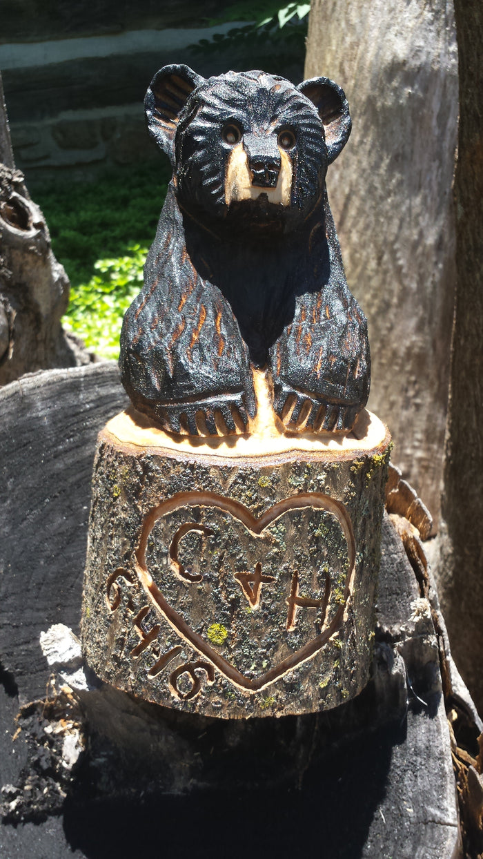 Chainsaw Carved Bear in a Stump Heart with initials